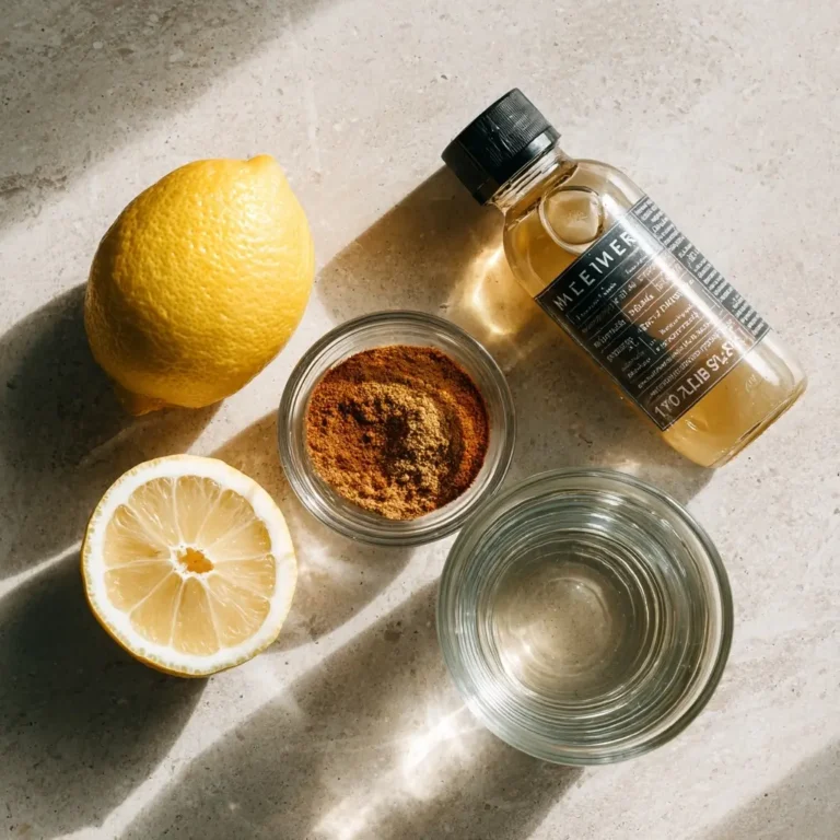 natural-mounjaro-ingredients-flatlay Flat lay of lemon, apple cider vinegar, cayenne, and water