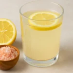 Glass of pink salt and lemon water for weight loss on a neutral surface