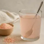 A glass of pink salt water with a spoon beside a bowl of Himalayan salt on a kitchen counter