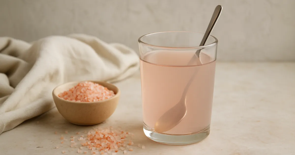 A glass of pink salt water with a spoon beside a bowl of Himalayan salt on a kitchen counter