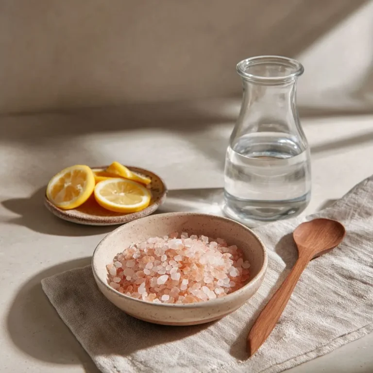 pink-salt-water-ingredients-setup Ingredients for pink salt water: Himalayan salt, filtered water, lemon slices