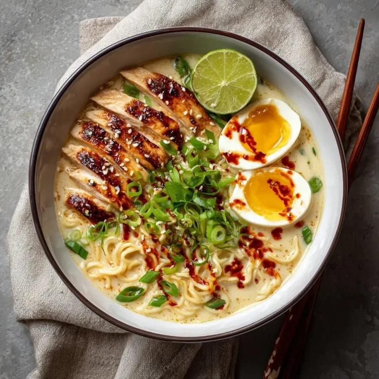plated-fiery-chicken-ramen-serving-style Plated bowl of fiery chicken ramen topped with egg, scallions, and sesame