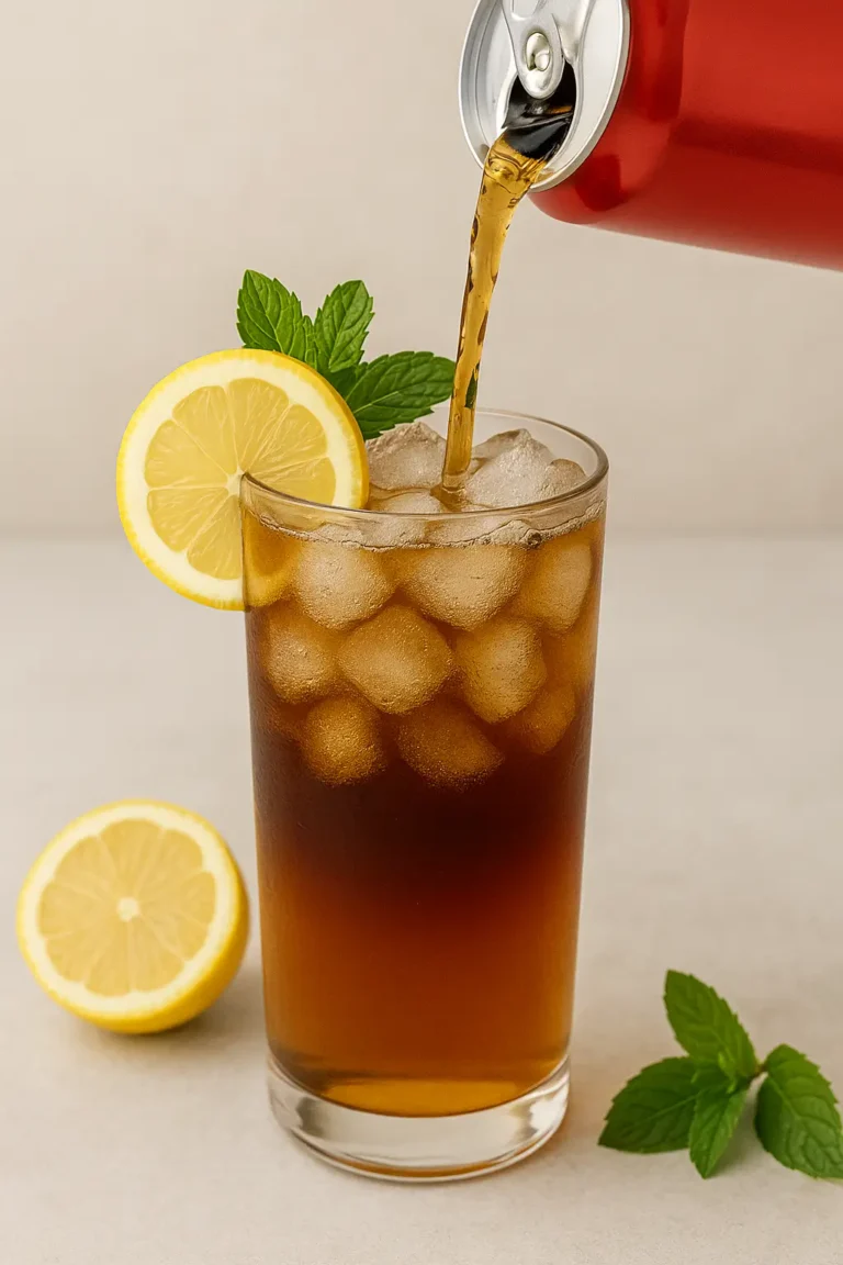 serving-long-island-iced-tea-mocktail Long Island Iced Tea mocktail served with garnish on a summer table