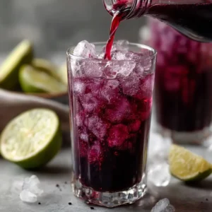 Mixing grape and lime juice in glass