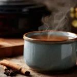 Crockpot apple cider served in rustic mugs with cinnamon sticks