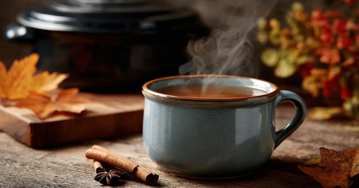 Crockpot apple cider served in rustic mugs with cinnamon sticks
