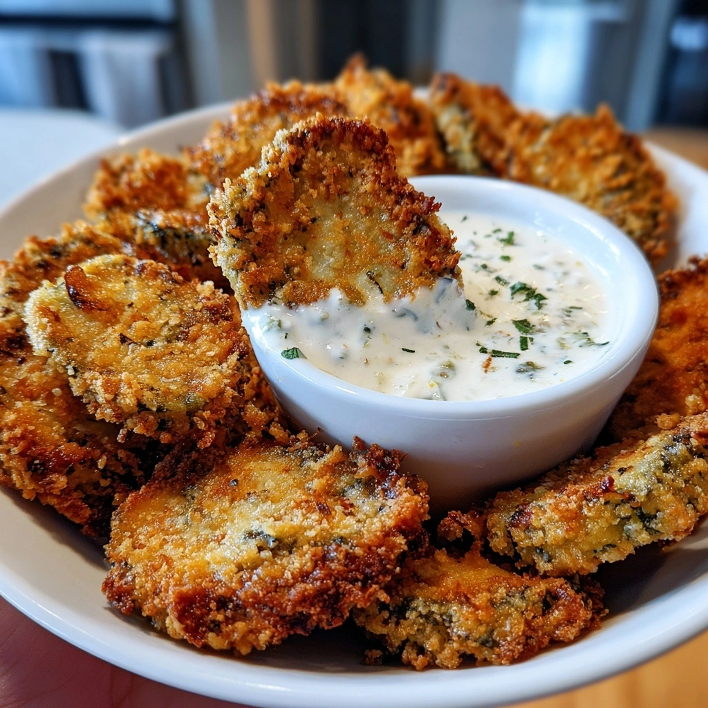 Crispy air fryer fried pickles with sour cream dip on a white plate