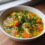 Anti Inflammatory Turmeric Chicken Soup in a white bowl on kitchen table