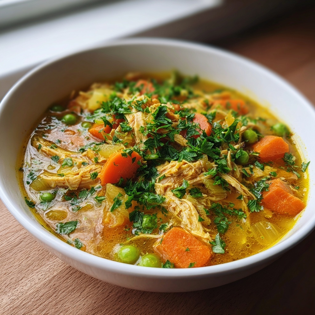 Anti Inflammatory Turmeric Chicken Soup in a white bowl on kitchen table