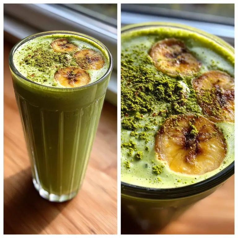 Creamy green smoothie topped with matcha and banana on clean counter