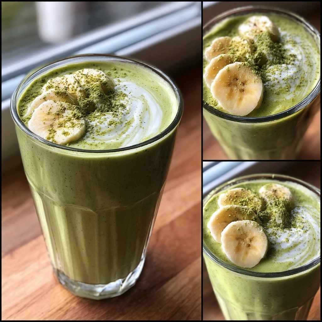 Banana Matcha Smoothie in glass with banana slices and matcha dust