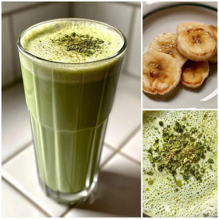 Banana matcha smoothie in glass on a clean wooden kitchen counter
