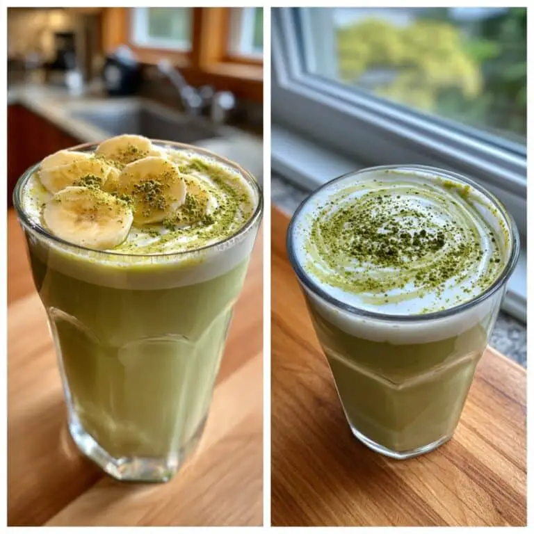 Side view of thick banana matcha smoothie in a tall glass on white counter