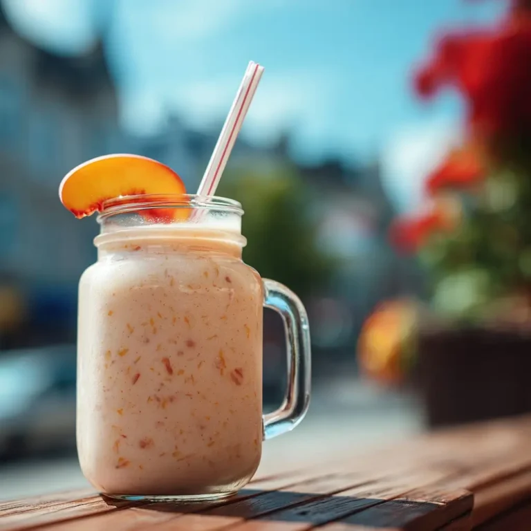 banana-peach-smoothie-serving Banana peach smoothie served with peach garnish