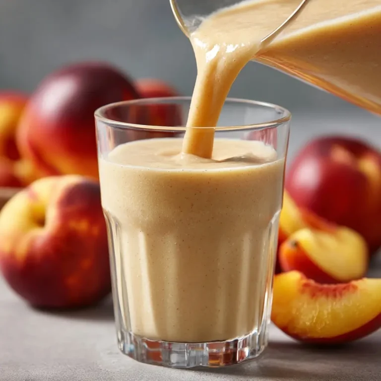 banana-peach-smoothie-step2 Pouring banana peach smoothie into glass