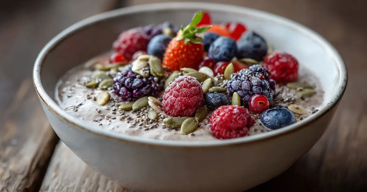 Bariatric seed recipe bowl with chia, flax, hemp, and pumpkin seeds