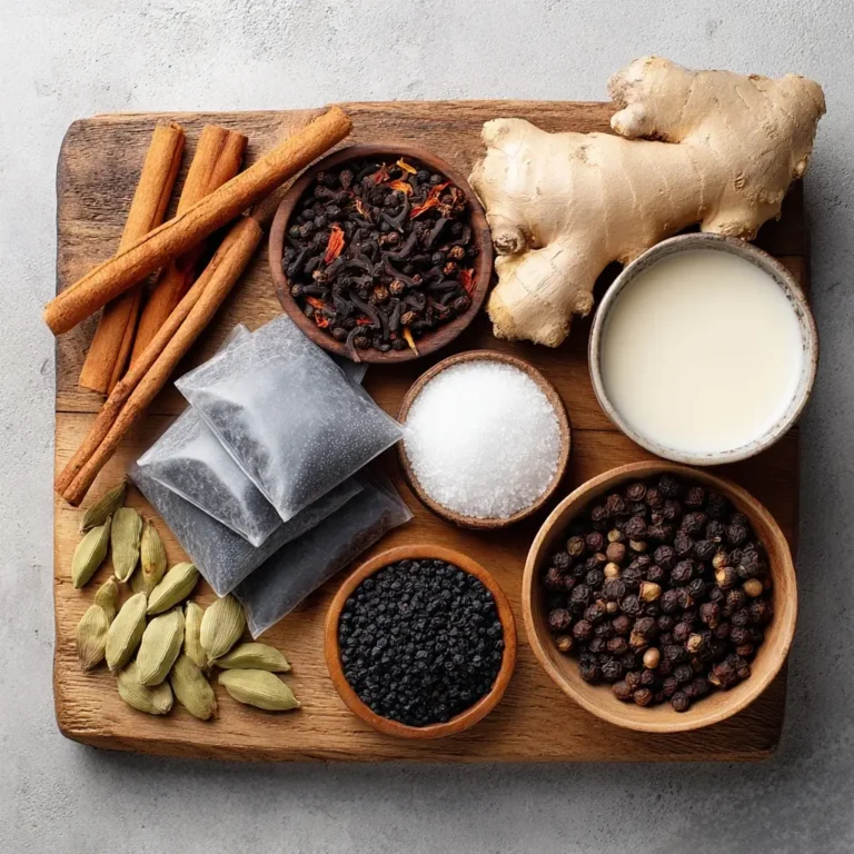 chai-tea-ingredients Ingredients for chai tea recipe with spices and milk