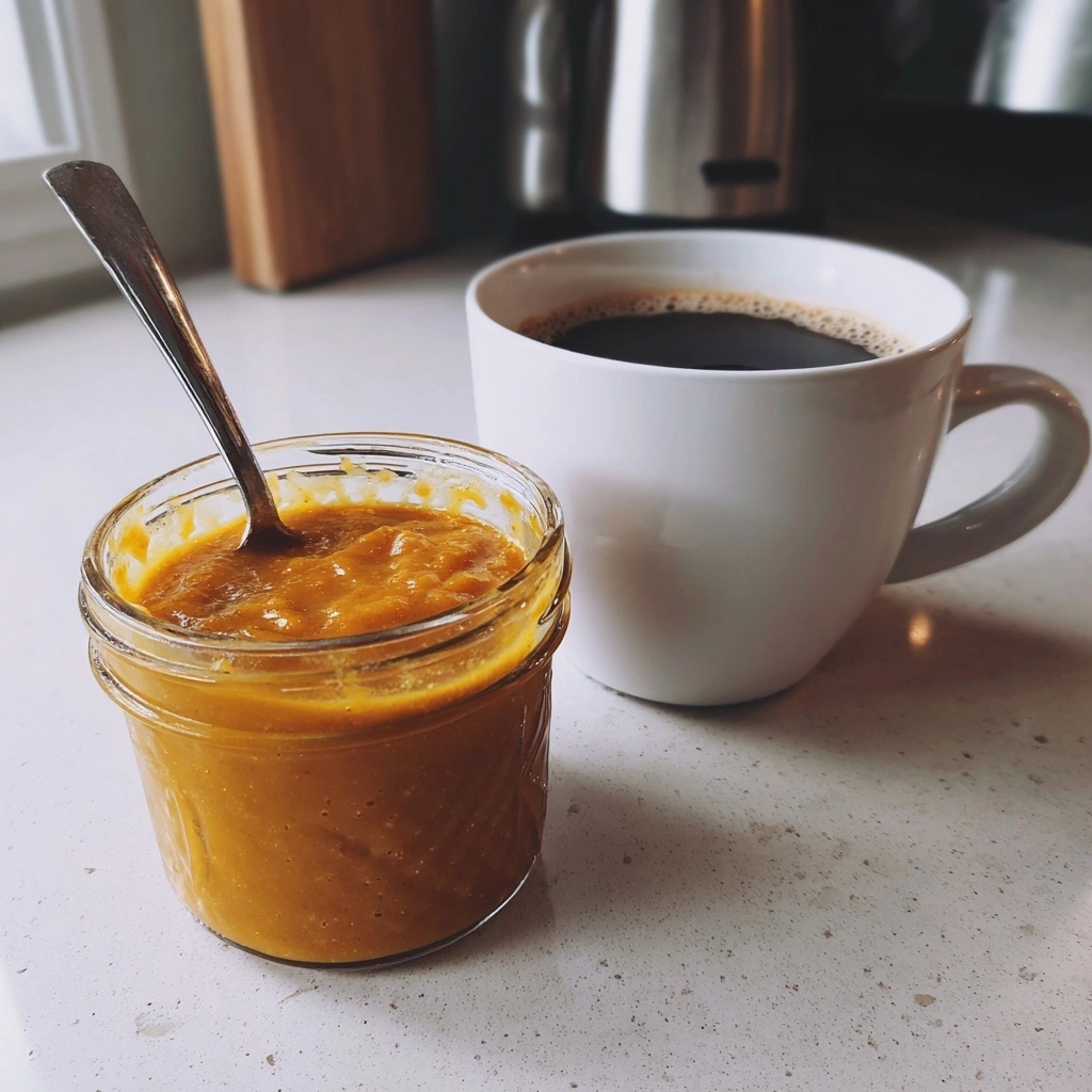 Homemade Starbucks pumpkin spice sauce in a glass jar with coffee