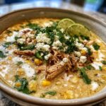 Mexican Street Corn Soup in a ceramic bowl with queso fresco and lime