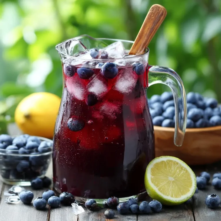 mixing-blueberry-lemonade Mixing blueberry lemonade in a glass pitcher