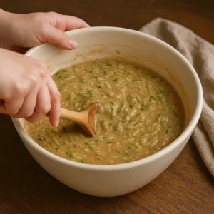 mixing zucchini bread batter in bowl