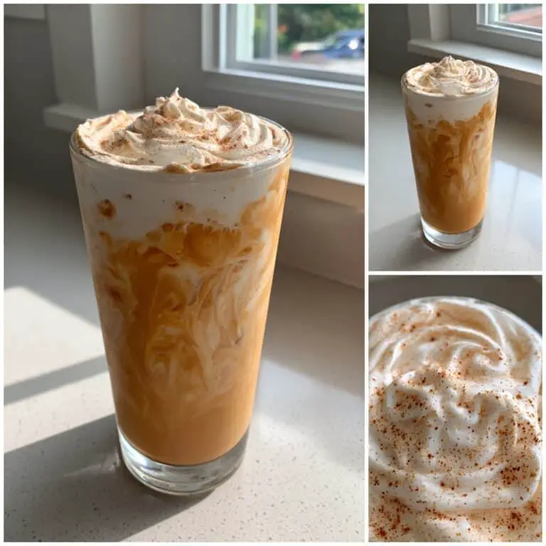 Pouring iced chai latte base into glass before adding pumpkin foam