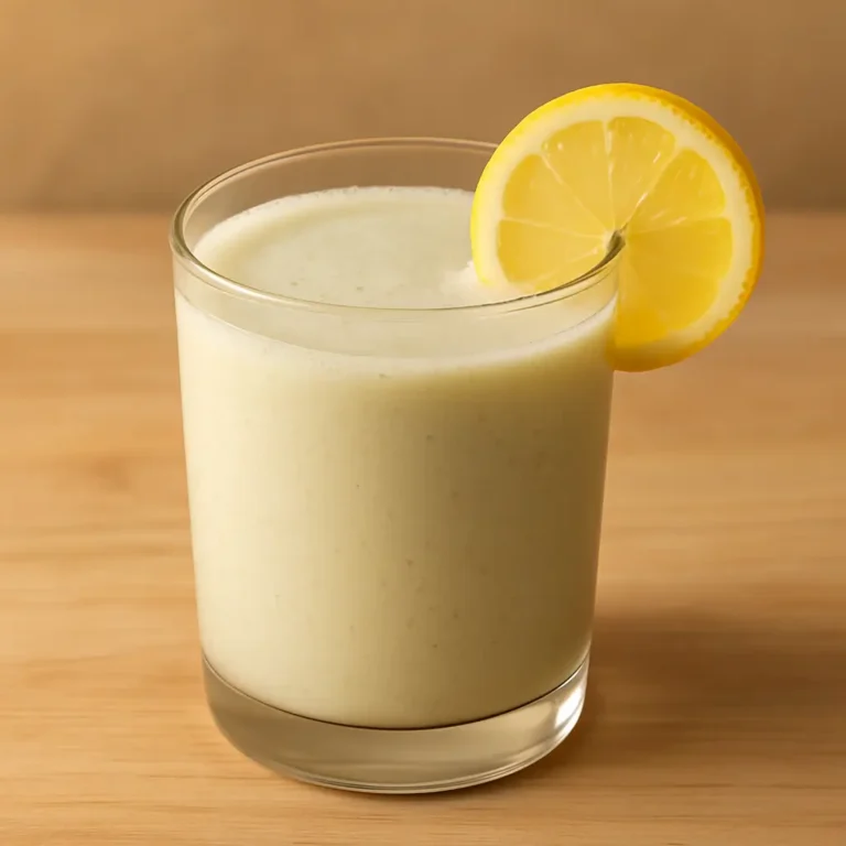 Pumpkin seed drink served in a glass with lemon slice
