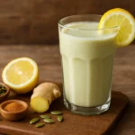 Pumpkin seed weight loss drink in glass with ingredients on rustic table