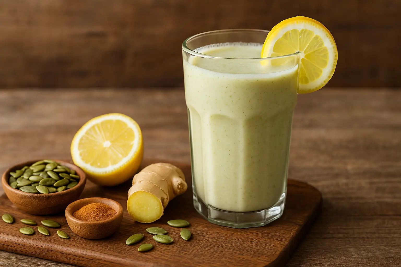 Pumpkin seed weight loss drink in glass with ingredients on rustic table