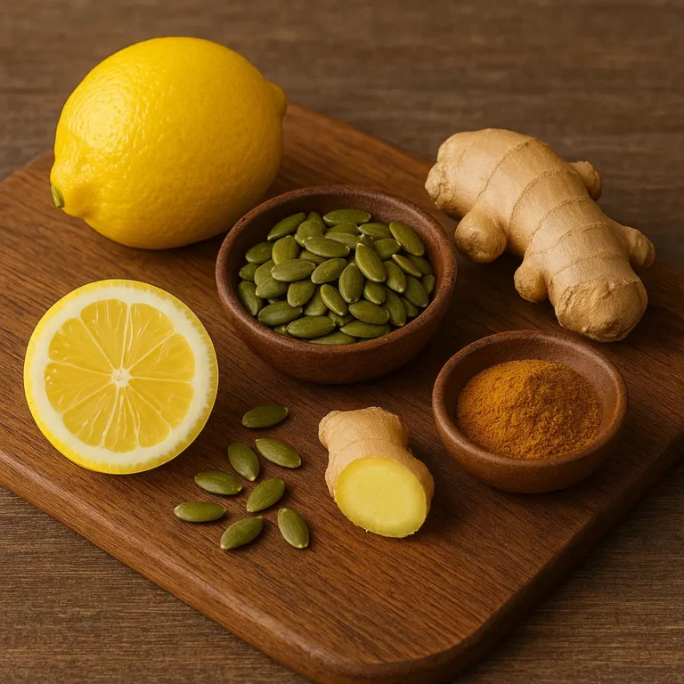 Ingredients for pumpkin seed weight loss drink on cutting board