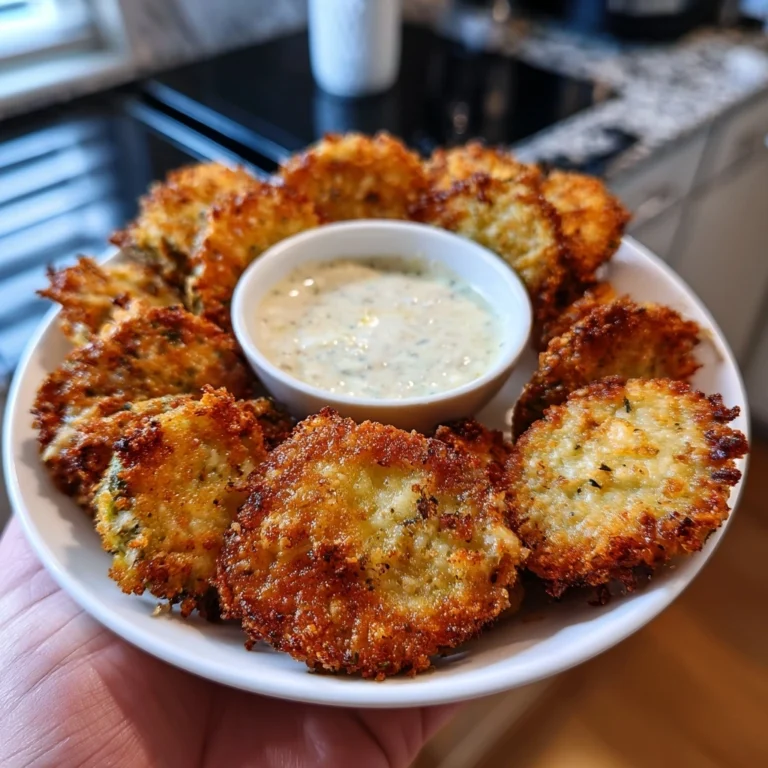 stacked-air-fryer-fried-pickles Stack of crunchy air fryer fried pickle chips with dip on ceramic plate