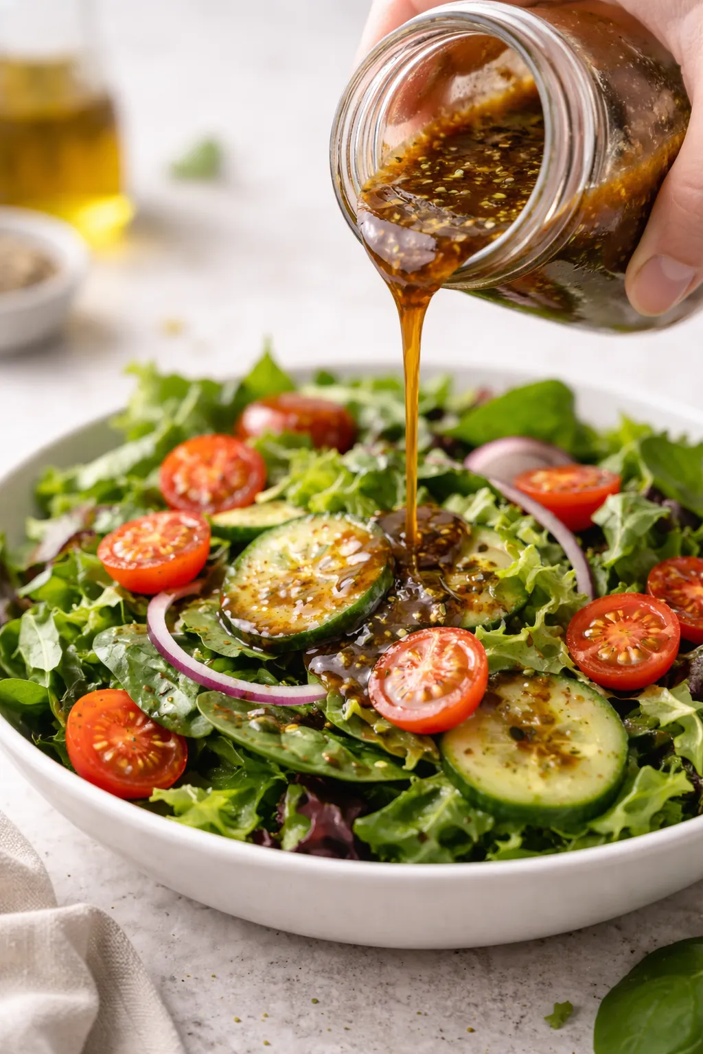 Balsamic vinaigrette drizzled over fresh salad greens