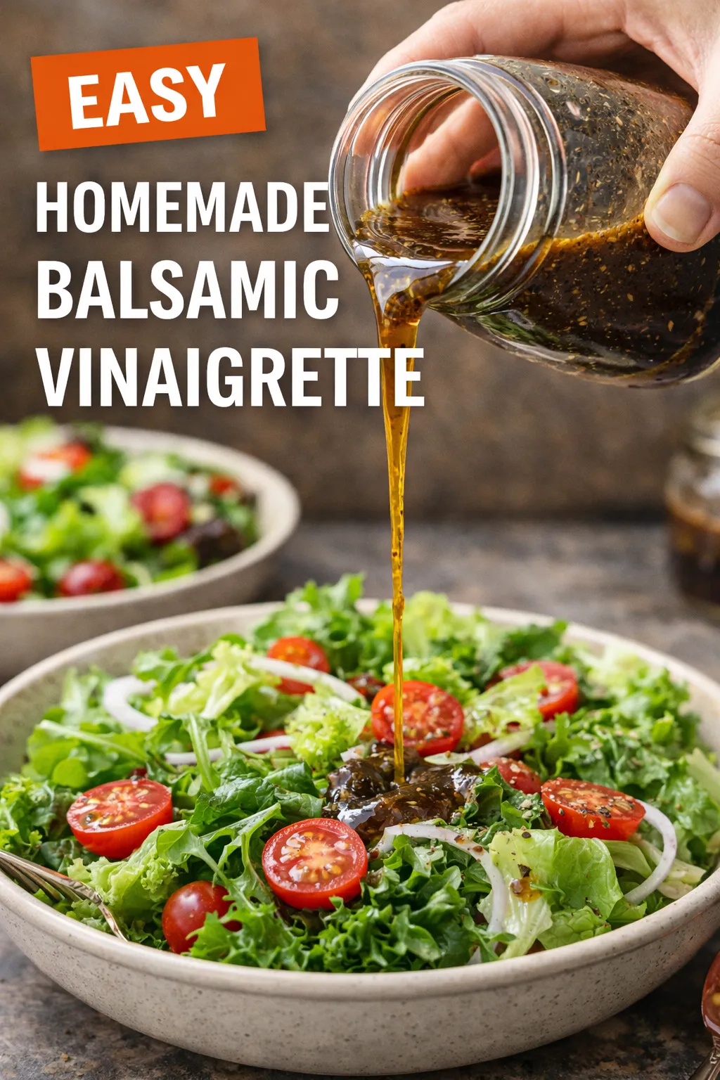 Easy homemade balsamic vinaigrette poured over fresh salad greens