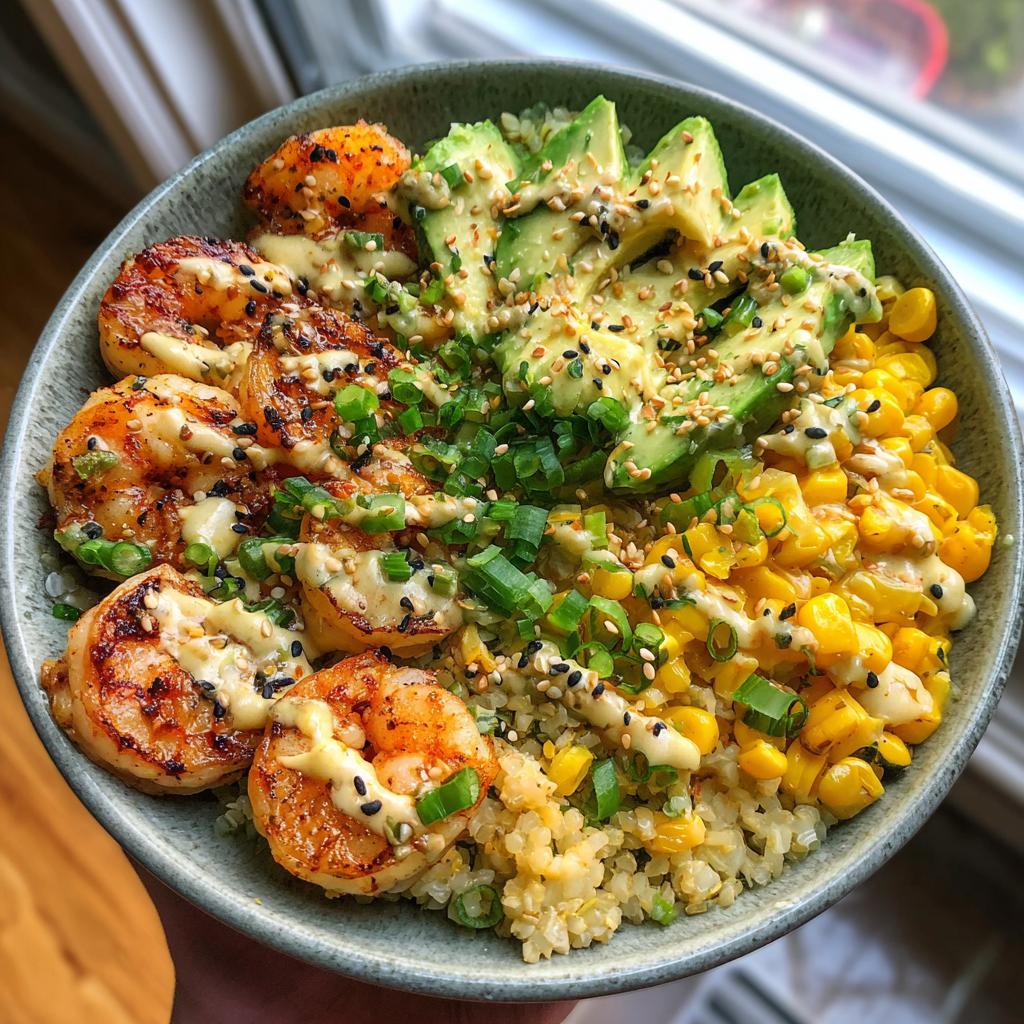 Grilled Shrimp Bowl with Avocado, Corn Salsa & Creamy Garlic Sauce - detail 1