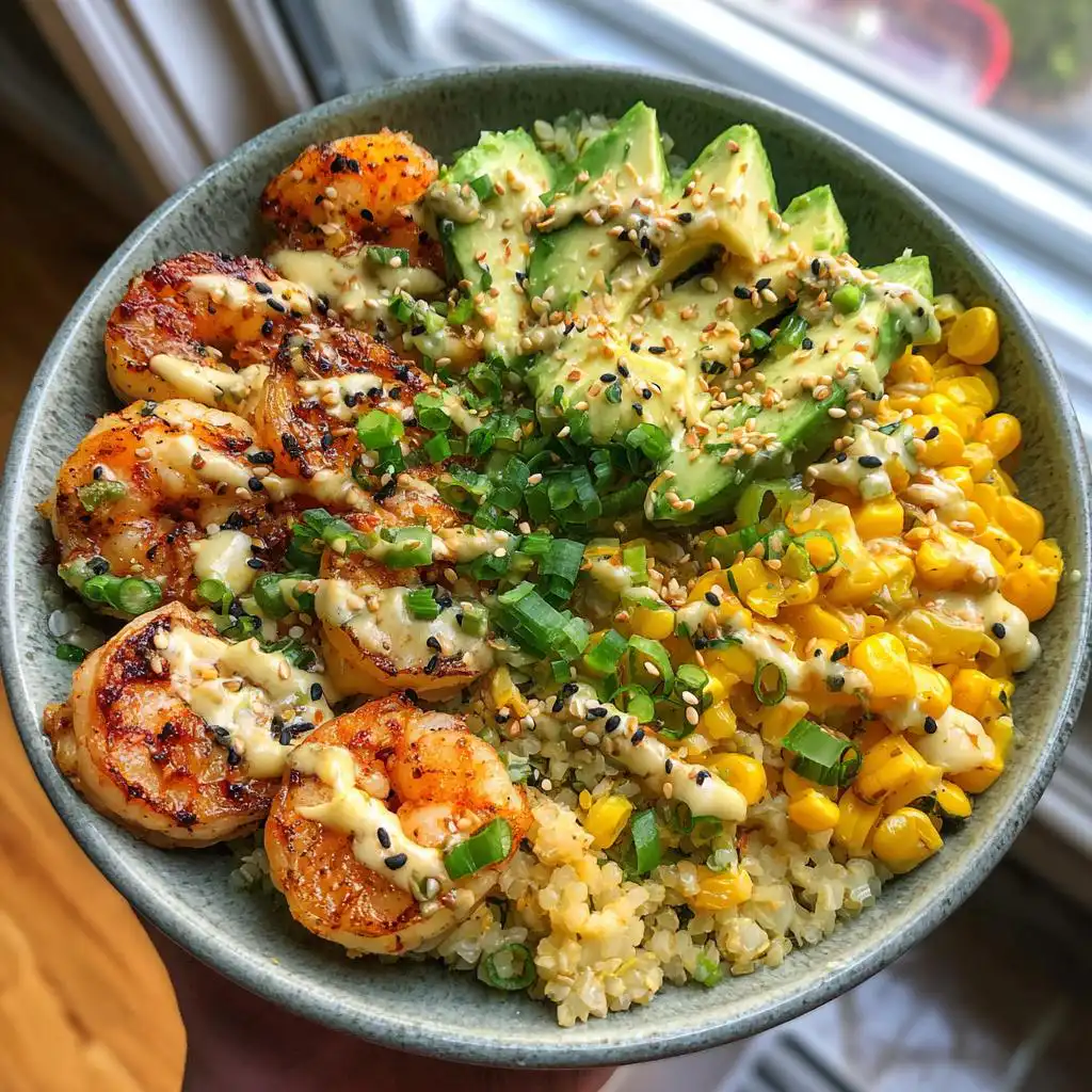 Grilled Shrimp Bowl with Avocado, Corn Salsa & Creamy Garlic Sauce - detail 1