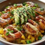 Grilled Shrimp Bowl with Avocado, Corn Salsa & Creamy Garlic Sauce