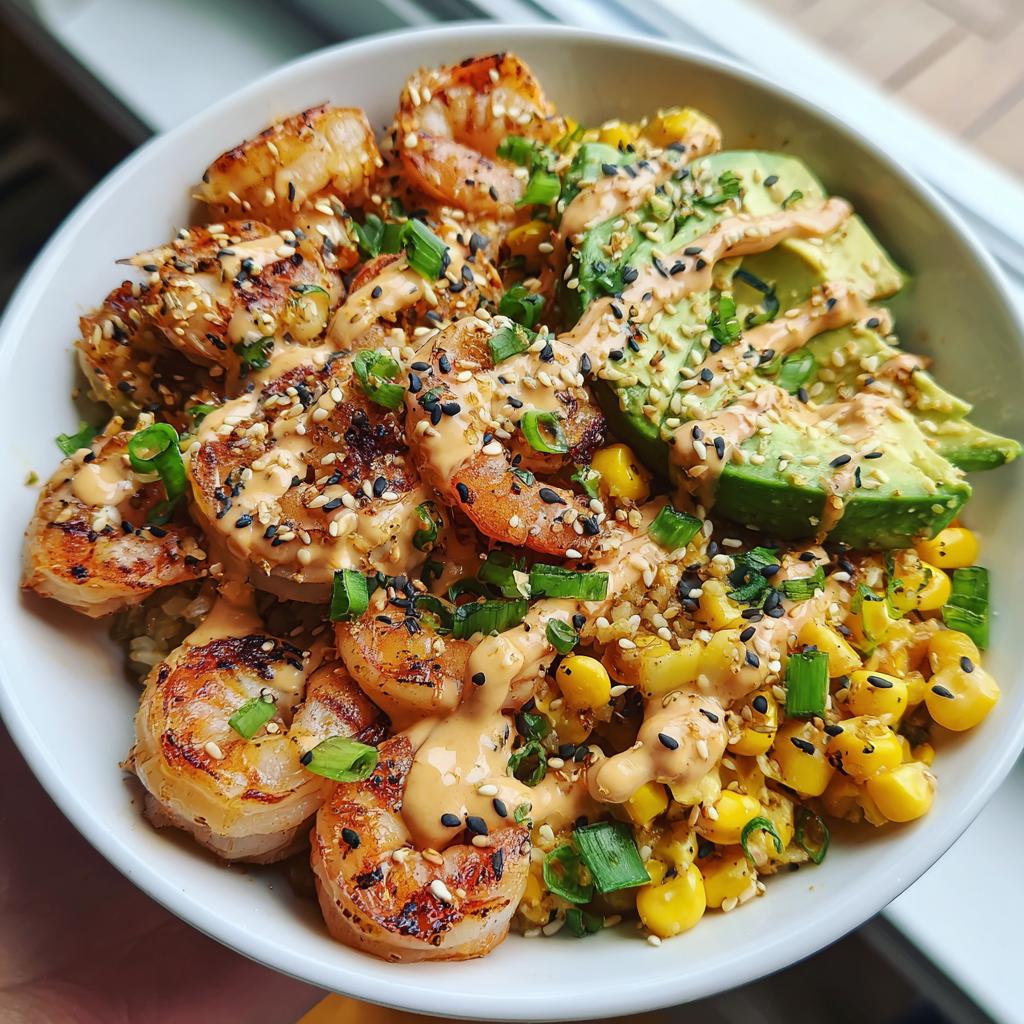 Grilled Shrimp Bowl with Avocado, Corn Salsa & Creamy Garlic Sauce - detail 2