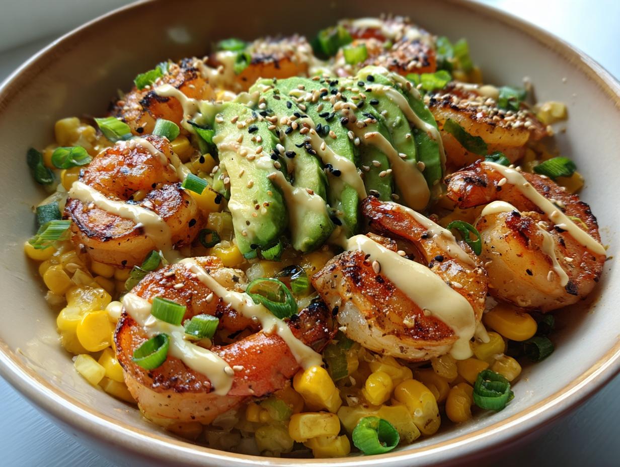 Grilled Shrimp Bowl with Avocado, Corn Salsa & Creamy Garlic Sauce