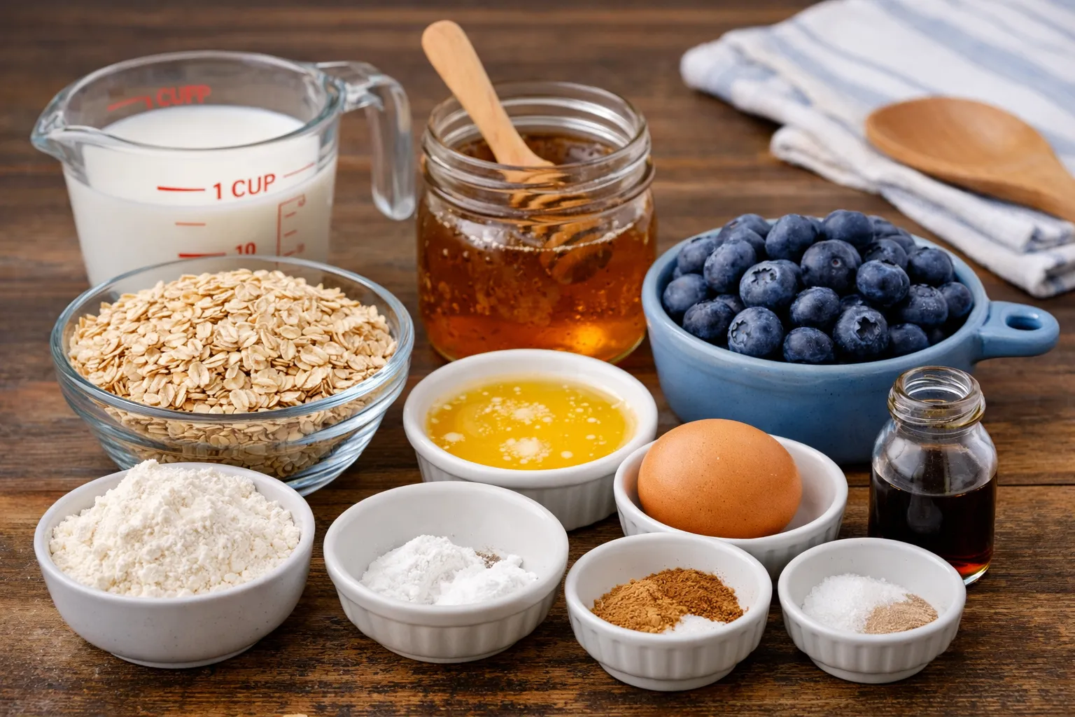 Blueberry oatmeal muffin ingredients with oats, honey, and blueberries