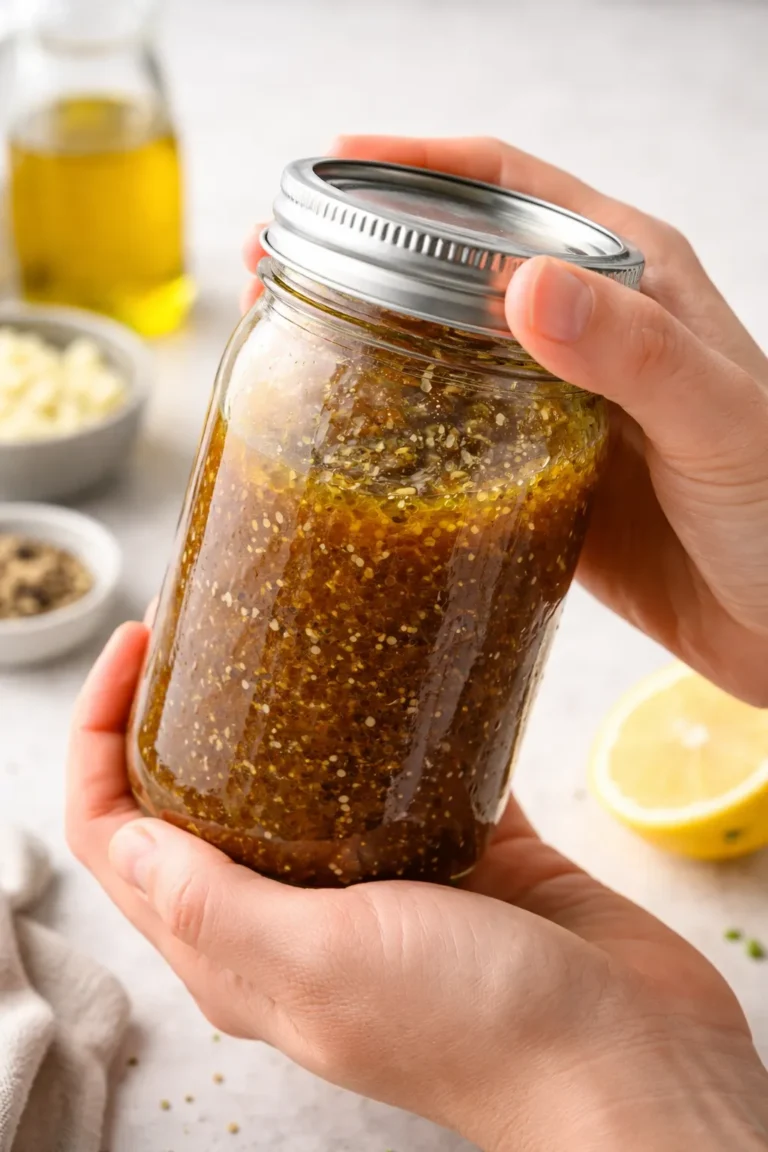 Shaking balsamic vinaigrette in a mason jar to emulsify