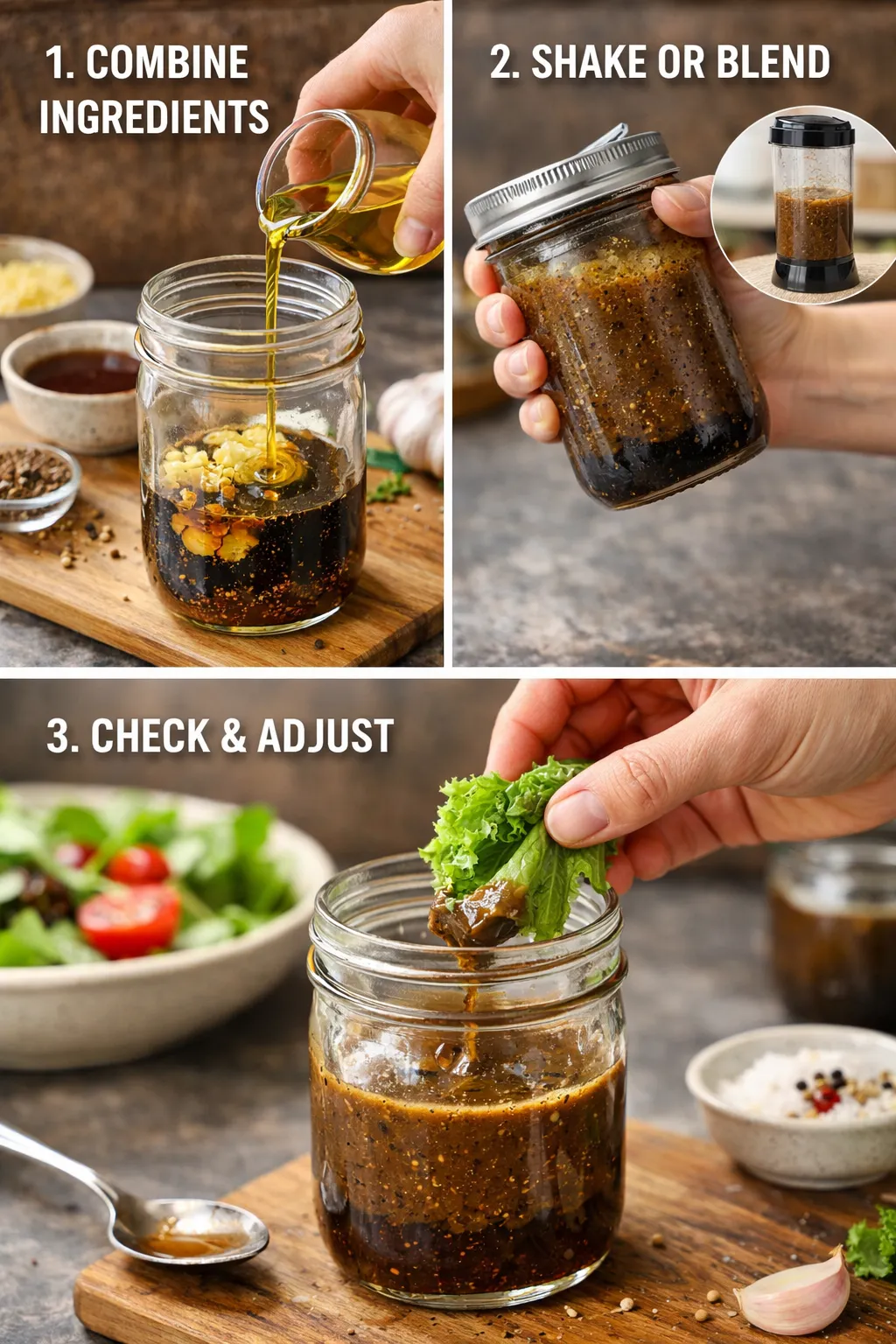 Step-by-step process showing how to emulsify homemade balsamic vinaigrette in a mason jar