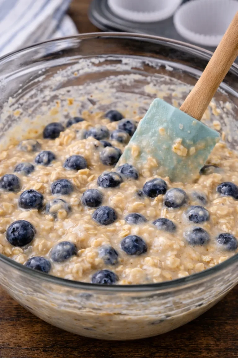 Blueberry oatmeal muffin ingredients with oats, honey, and blueberries