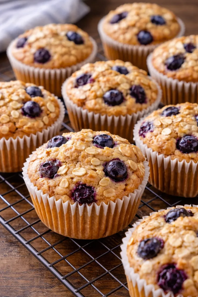 Cooling blueberry oatmeal muffins on wire rack