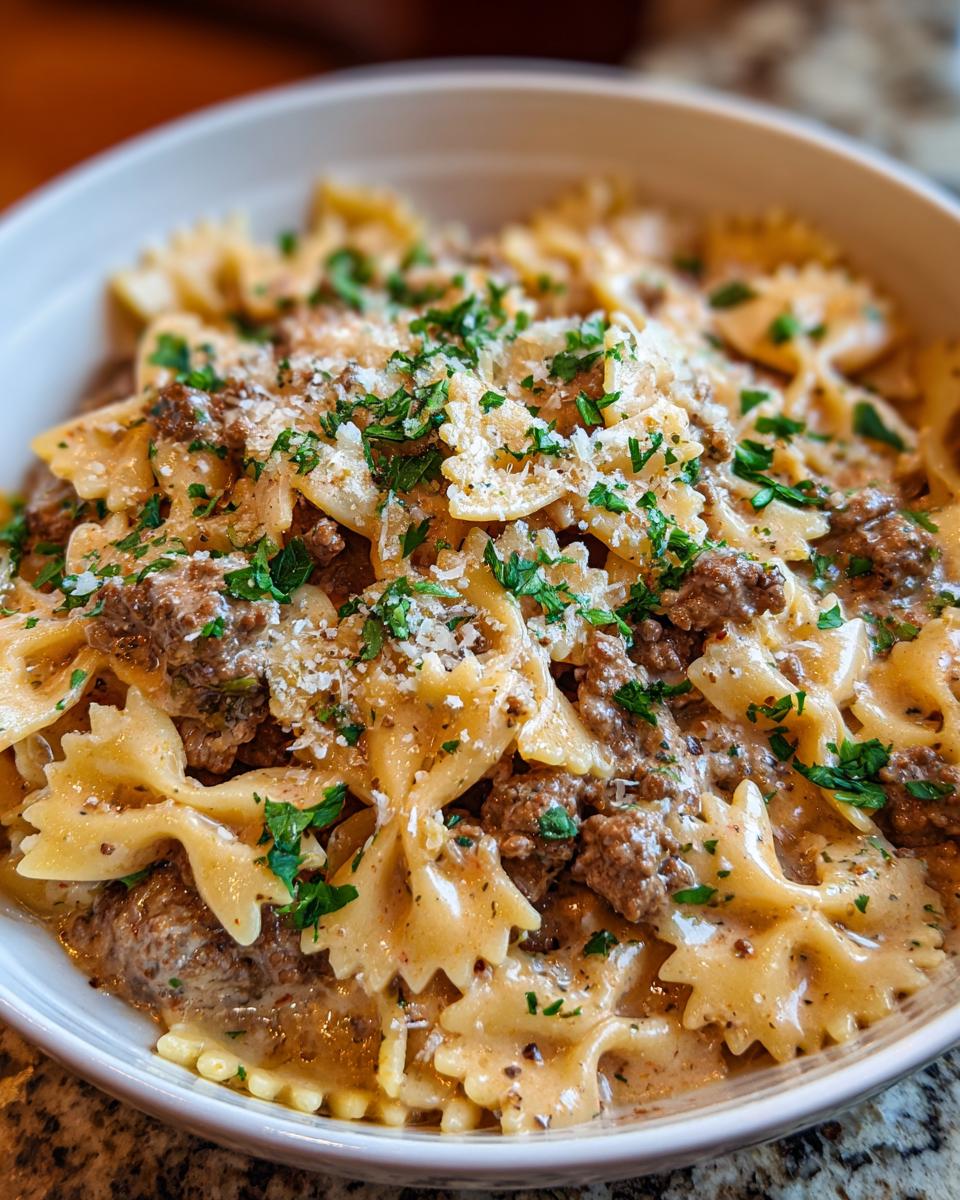 Creamy Parmesan Garlic Beef Bowtie Pasta - detail 1