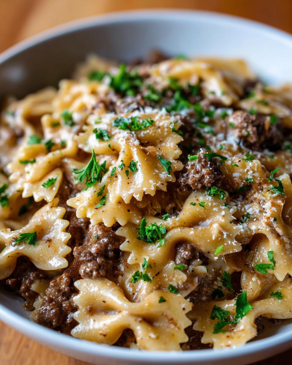 Creamy Parmesan Garlic Beef Bowtie Pasta - detail 2