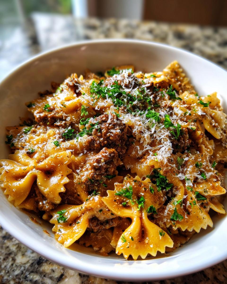 Creamy Parmesan Garlic Beef Bowtie Pasta - detail 3