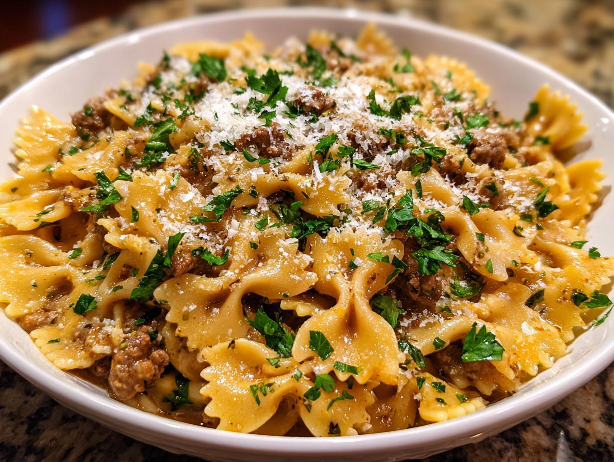Amazing Creamy Parmesan Garlic Beef Bowtie Pasta