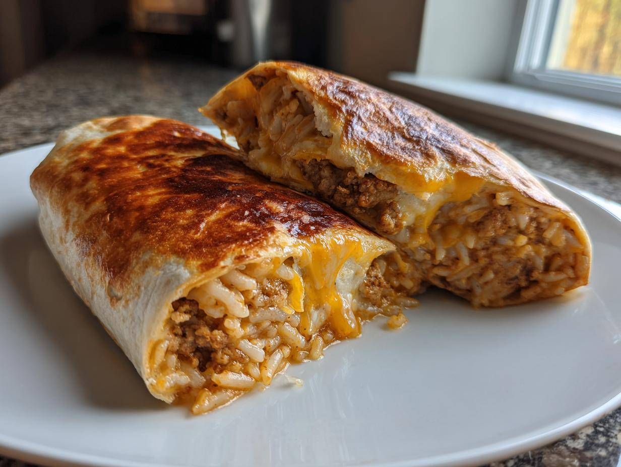 Amazing 3-step Cheesy Ground Chicken and Rice Burritos