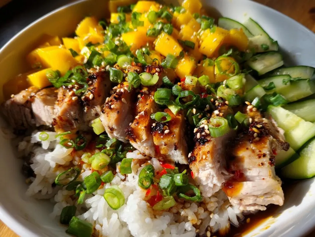 Chili Crisp Chicken Mango Cucumber Rice Bowl