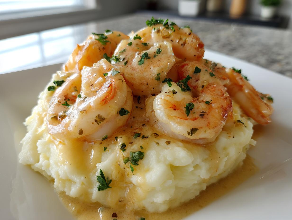 Amazing 580 Calorie Creamy garlic shrimp over mashed potatoes
